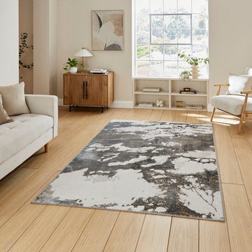 Tidal TL447 Modern Abstract Distressed Metallic Shimmer Soft Smooth Textured Polyester Low Profile Short Pile Silver/Dark Grey/Cream Rug-Think Rugs-Rug Love - The Most Loved Rug Store